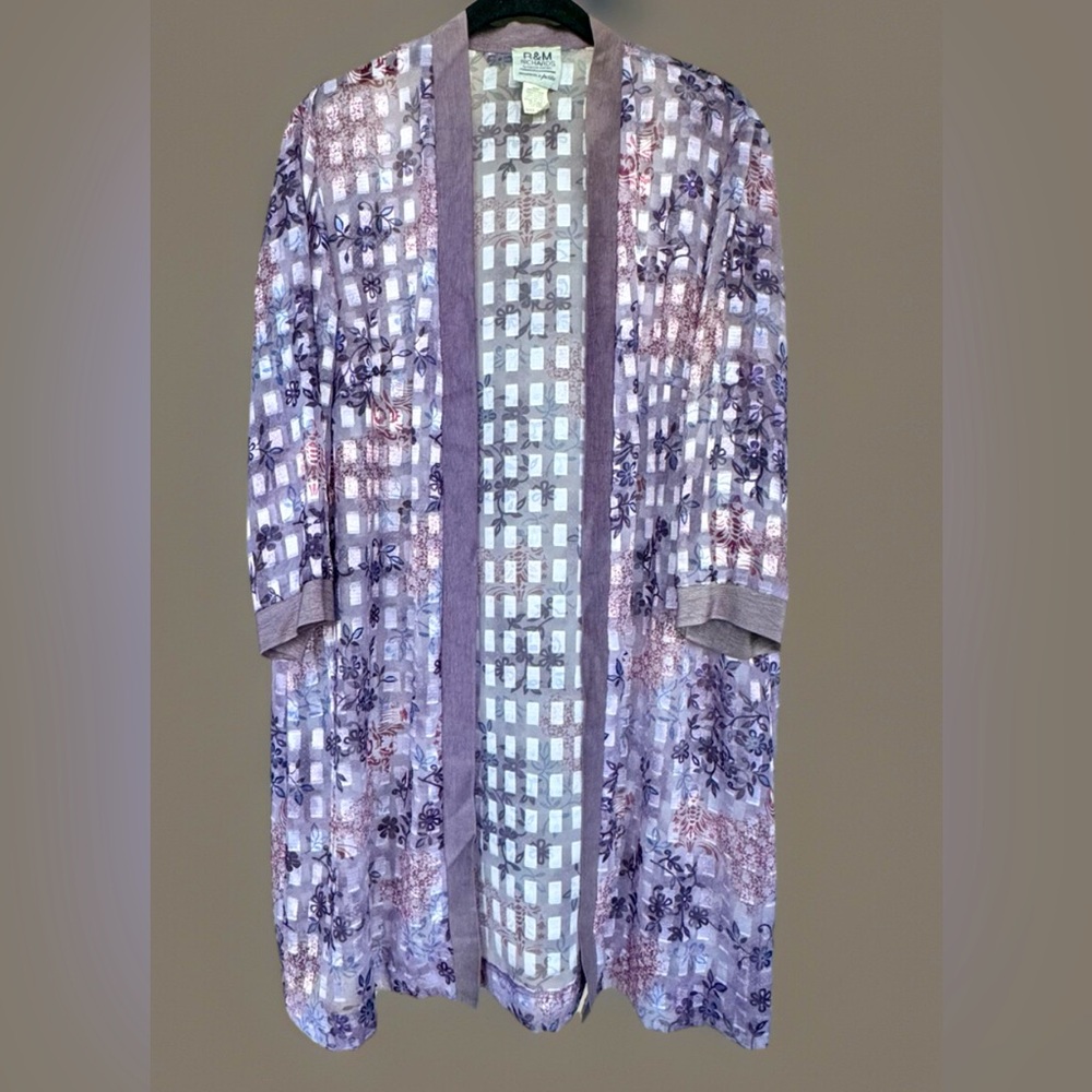 R&M Richards Karen Kwong Womens Kimono 3/4 Sleeve Sheer Purple/Gold Floral 14P